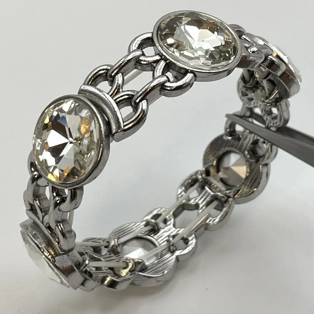 Silver Tone White Round Cut Glass Rhinestone Stretch Bracelet Boho Bold Fashion